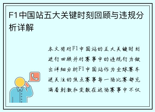F1中国站五大关键时刻回顾与违规分析详解